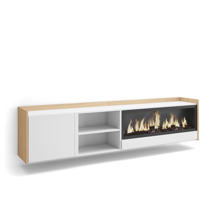 Meuble TV Banc Télé 212x35x50cm Pour les TV jusquà 80 Cheminée électrique XXL Suspendu Mural Blanc et Chêne Soft RF4437