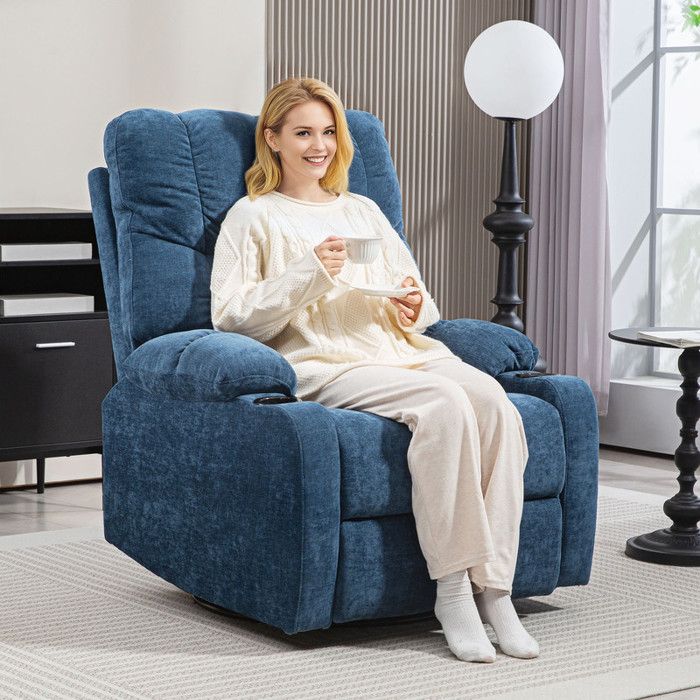 Fauteuil TV inclinable avec fonction bascule pivotant et repose-pieds ressorts ensachés et porte-gobelet pour le salon bleu foncé