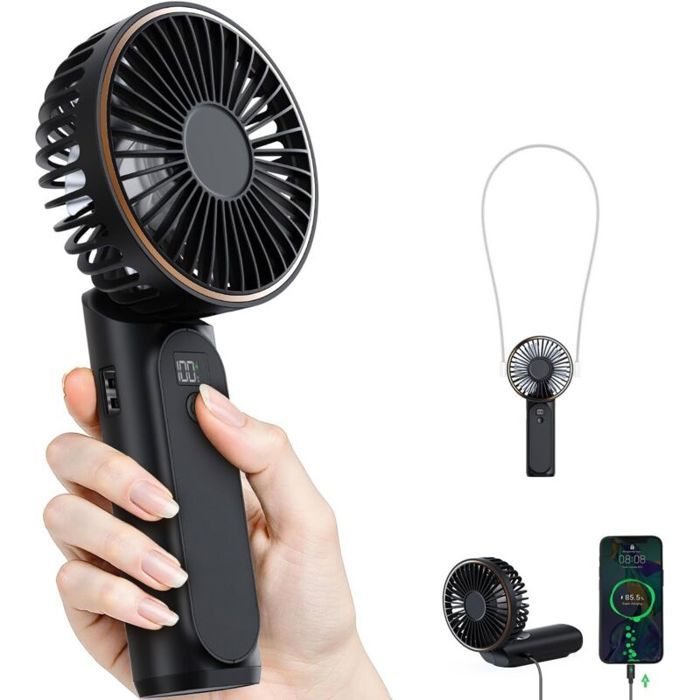 Ventilateur Portable à Main Mini Ventilateur Pliable 180° 6 Vitesses Affichage LCD Ultra Silencieux 3600mAh Format de Poche