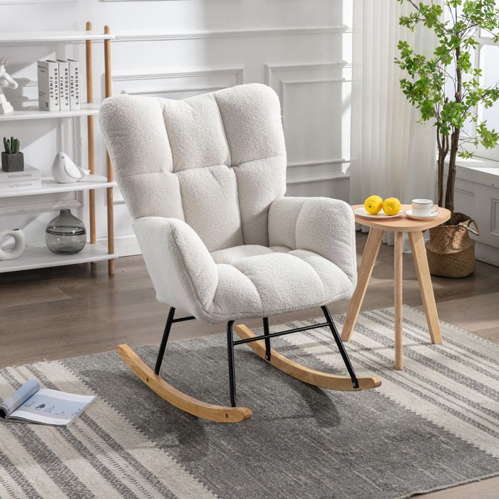 Fauteuil à bascule avec dossier haut ergonomique et accoudoirs rembourrés - YEAVIO - tissu Teddy blanc 80 × 70 × 95 cm