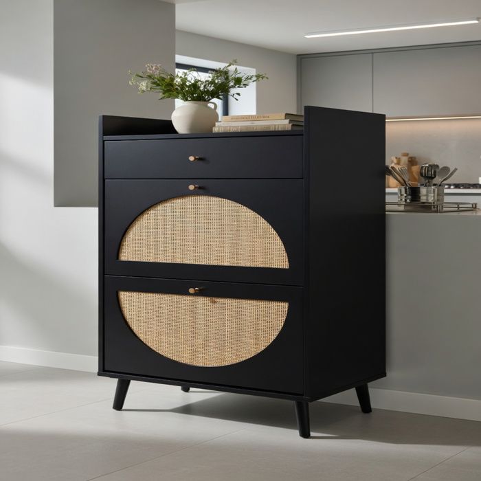 Armoire à chaussures 60 cm deux portes tiroir étagères rotin noir pour couloir -Pugsdrly
