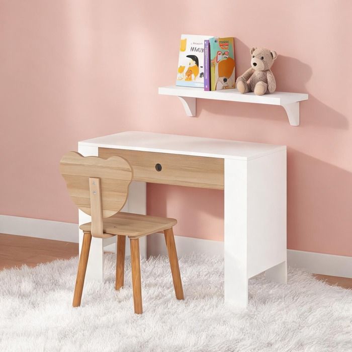 Ensemble bureau enfant 1 place avec chaise tiroir design ourson bois naturel 80x41 cm