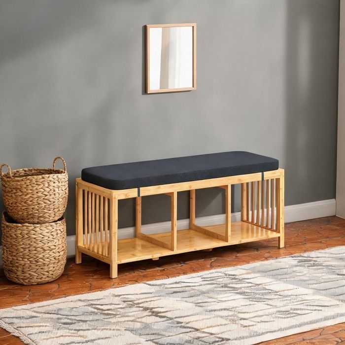 Banc de rangement à chaussures en bambou light natural assise confortable entrée ou chambre 102 cm