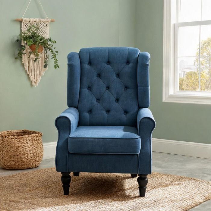 Fauteuil club relaxation chambre bleu polyester capitonné style Chesterfield 102 cm