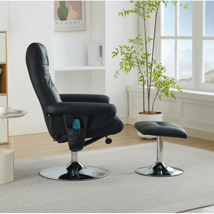 Fauteuil Massant Électrique 1 Place Chauffant Pivotant 360° - ELVMI - Dossier 140° Repose-Pieds Similicuir Noir