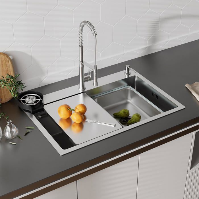 Évier cuisine multifonctionnel 70 x 45 x 22 cm acier inoxydable lave-verres distributeur savon planche découper panier rangement