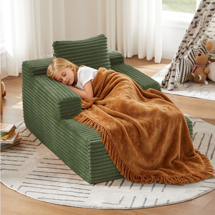 WOVREO méridienne convertible 1 place en velours côtelé vert fauteuil relax sans montage mousse et ressorts ensachés