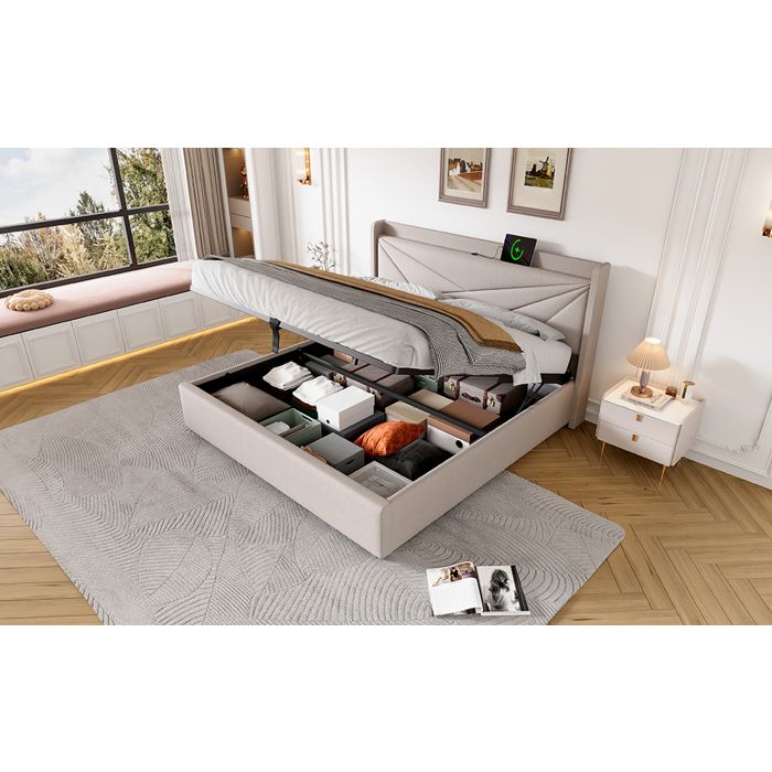 Lit double 160x200 avec rangement charge USB C tête de lit sommier en lin (sans matelas)