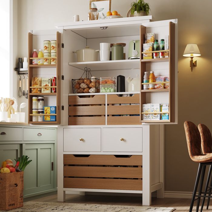 Buffet De Cuisine MDF Blanc Armoire Retro FloraGrace Pour Cuisine Montage 45 Mn 80x40x140cm