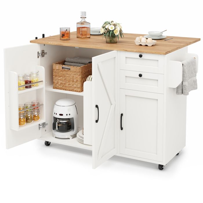 Îlot de cuisine blanc avec table pliante desserte sur roulettes multifonction avec tiroirs et étagères meuble de rangement 120cm