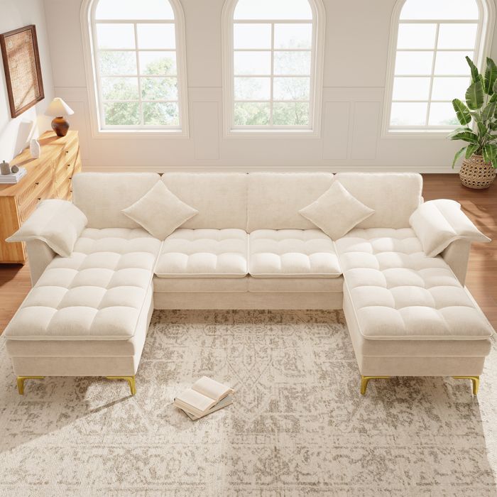 Canapé panoramique en U 4 places 262x134x86 cm 2 méridiennes assise double couche 2 coussins chenille pieds métal doré beige