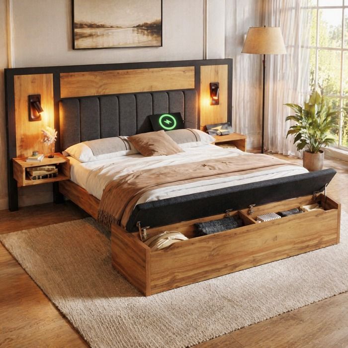 Lit double - ZEVKOR - 160×200 - Banc coffre - Lampes de lecture intégrées - Ports USB Type-C