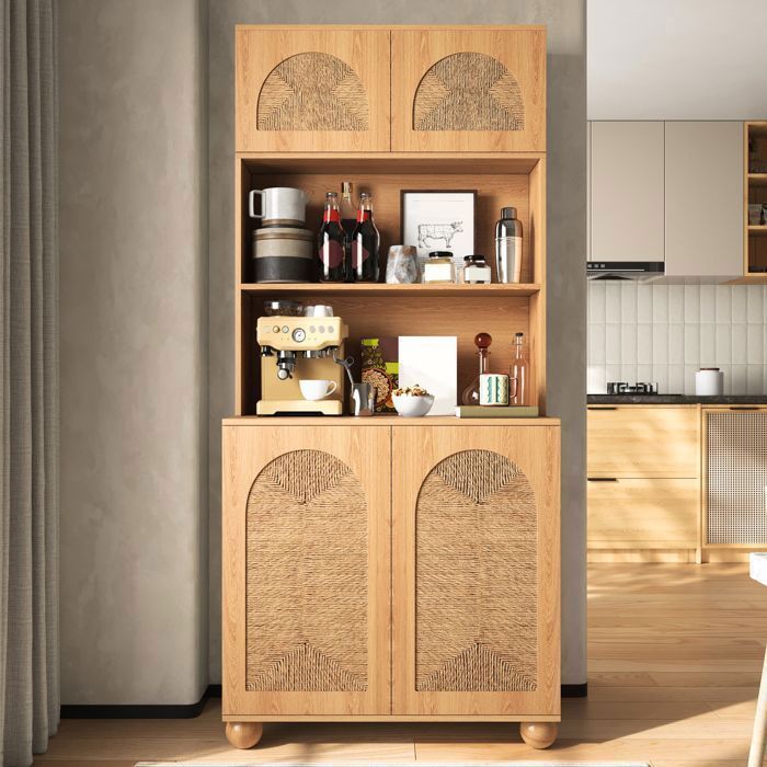 Meuble de rangement haut 80x40x180 cm 4 portes niche ouverte étagère réglable portes tressées pieds en pin massif naturel
