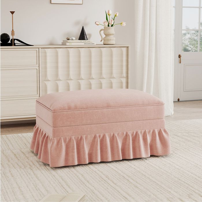 Tabouret ottoman en chenille rose avec volant amovible – 90 x 56 5 x 49 cm – 80 kg
