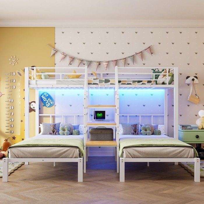 Lit superposé 3 places 90x200 blanc LED USB prise bureau étagère échelle intégrée Lit superposé 3 places 90x200 blanc LED USB prise bureau étagère échelle intégrée