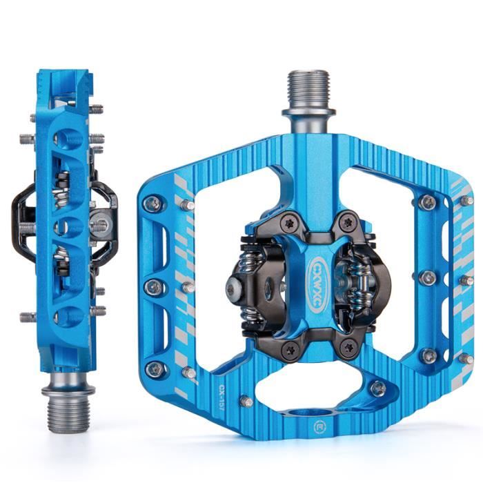 Bleu CXWXC Pedale autobloquante de velo 2 en 1 eventuelles D Pedale de velo plate pour VTT Route Alumini Cdiscount Sport