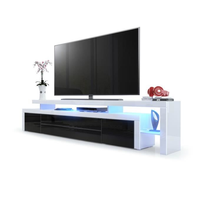 Vladon Meuble TV bas Leon V3 en Blanc haute brillance - Façades en Noir haute brillance avec une bordure en Blanc haute brillance Vladon Meuble TV bas Leon V3 en Blanc haute brillance - Façades en Noir haute brillance avec une bordure en Blanc haute brillance