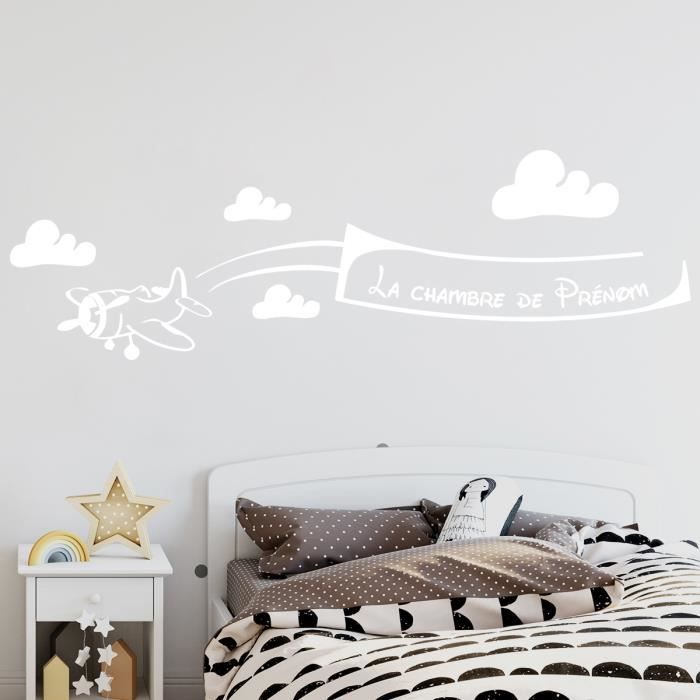 Stickers Muraux Deco Chambre Enfant Sticker Avion Chambre Bebe Avec Prenom Au Choix Blanc 800x250 Mm Cdiscount Maison