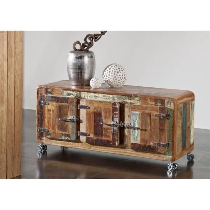 Buffet Vitrine Avec Roulettes – Bois Massif Recyclé Laqué Multicolore – Style Ethnique – Dimensions 90x38x140 Cm – Livré Monté