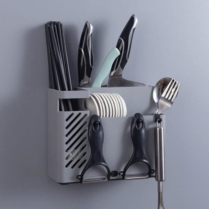 Porte-ustensiles Mural En Acier Inoxydable Noir - Double Compartiment Avec Drainage - Pour Couverts, Baguettes, Ustensiles De Cuisine