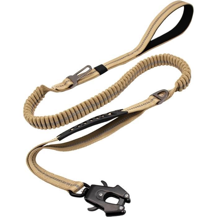 Laisse Chien Tactique Élastique 1.5m - 2 Poignées - Ceinture Voiture - Pour Chiens Forts Tireurs (Noir) - 4