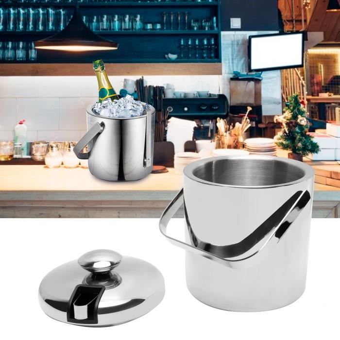 Seau à Glace Inox 3L QWORK - Double Paroi Isolante - Avec Pince Et Couvercle