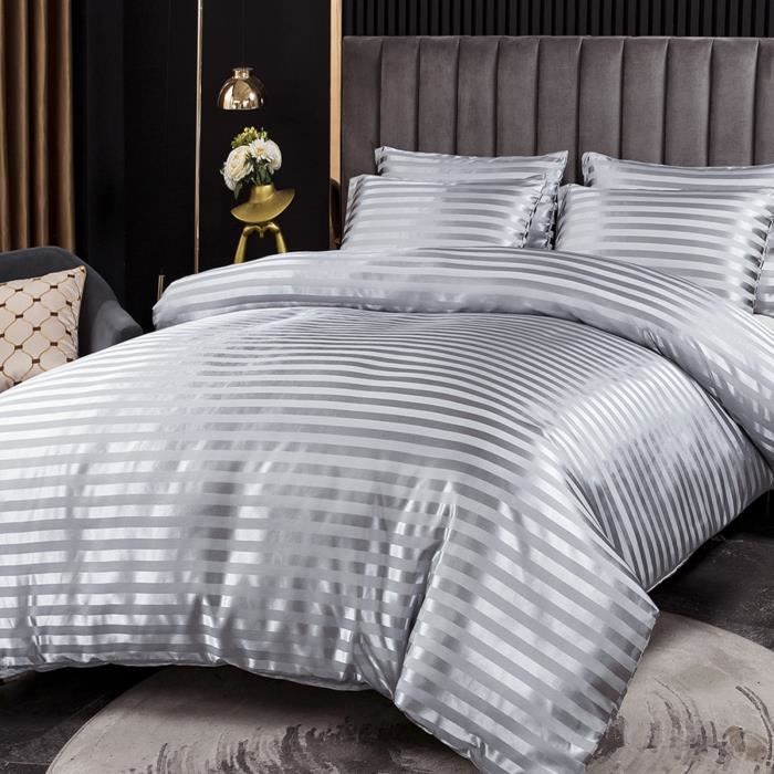 Housse de Couette en Soie de Satin à Rayures 230x260 cm 2 Personnes et