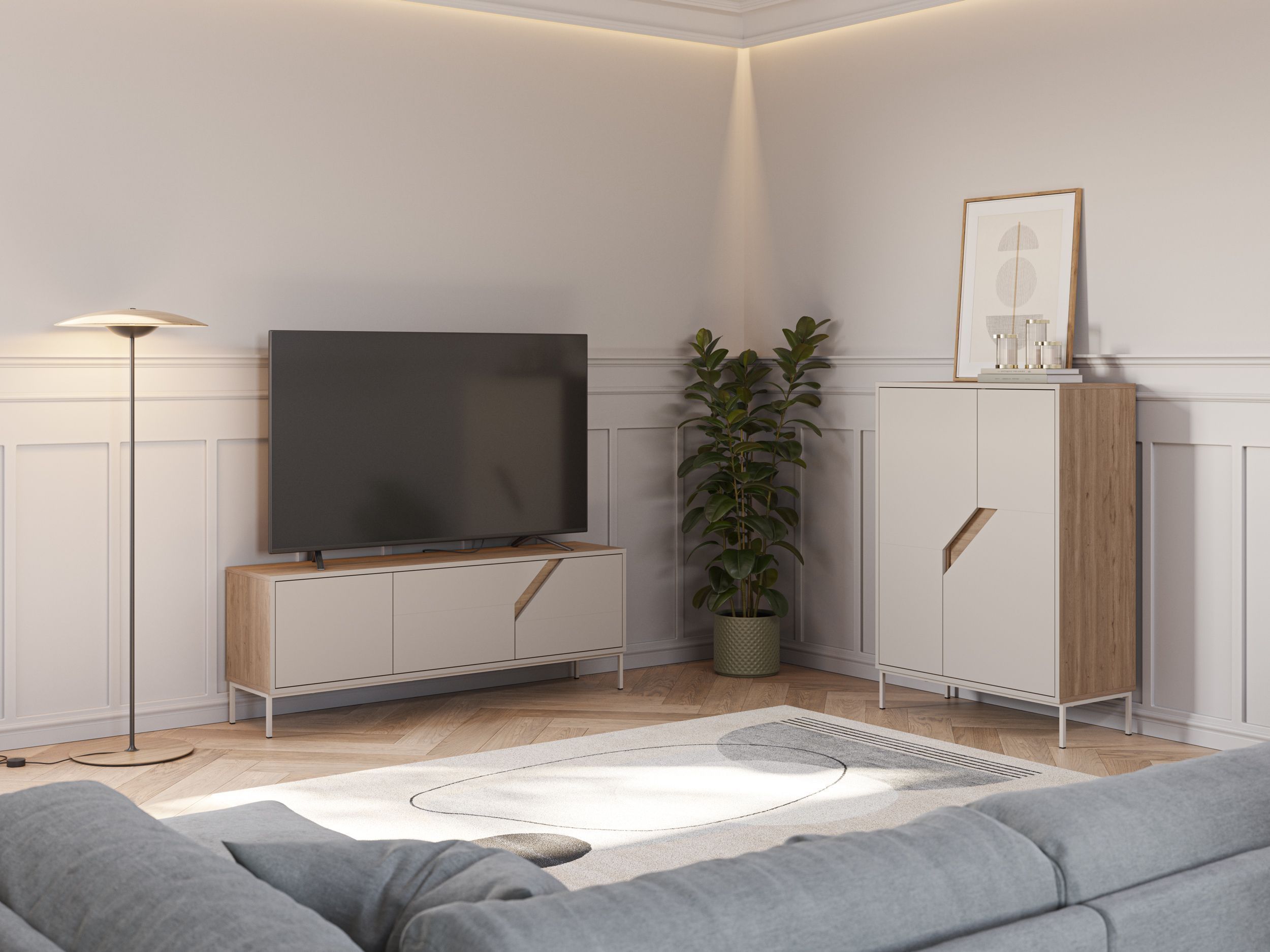 Meuble TV LILOU - Chêne Artisan & Crème - 3 portes - 150 x 35 x 55 cm