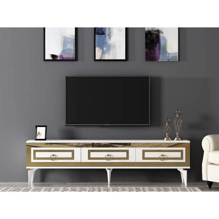 meuble tv style art déco karinox l180cm blanc et métal or