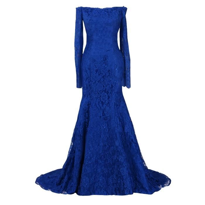 Bleu Royal Robe De Soiree Cocktail Mariee Longue Traine Sirene Col Bateau Sexy Epaule Nu Manche Longue Tout En Dentelle Grande Bleu Bleu Royal Achat Vente Robe De Ceremonie Cdiscount