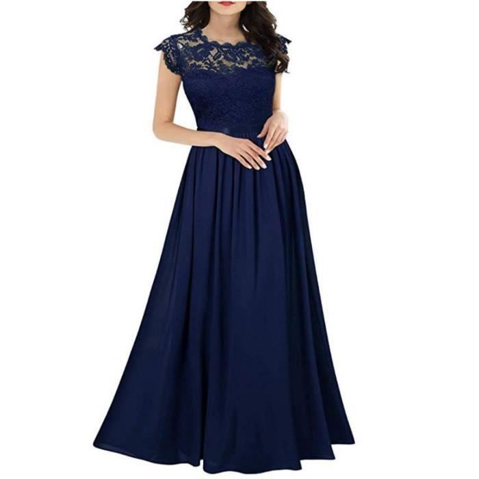 Robe de soiree longue en dentelle taille mousseline pour femme Bleu marine Elegante maxi robe plissee Bleu marine Cdiscount Pret a Porter