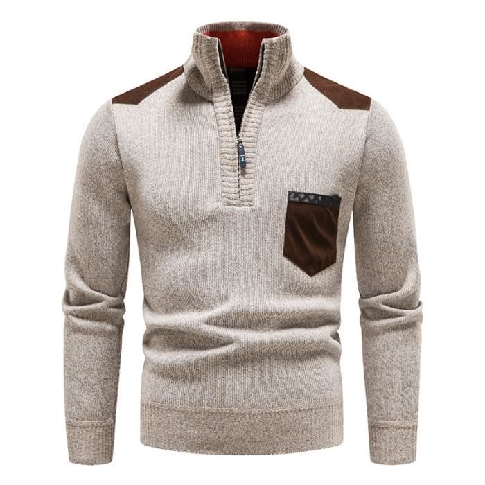 Pull Homme en Tricot Col a Fermeture Eclair Chaud Polaire Sweat Manches Longues Bricolore