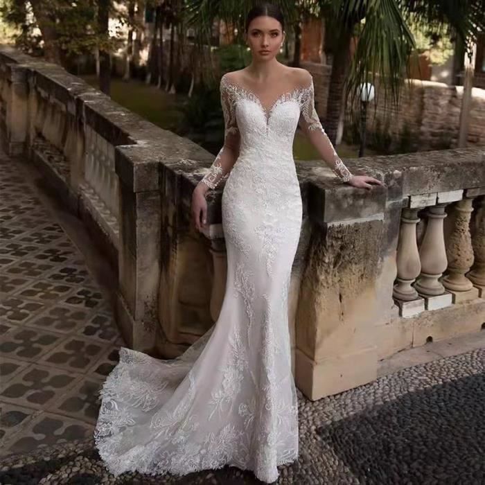 Manches longues Queue de poisson Robe de mariee Nouveau modele La mariee Simplicite Col en V profond Dos nu Le fil Blanc Cdiscount Pret a Porter