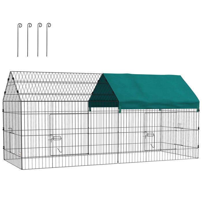 Parc enclos - PawHut - cage lapin extérieur structure acier 4 portes protection pare-soleil - acier - 220x85x103cm - vert