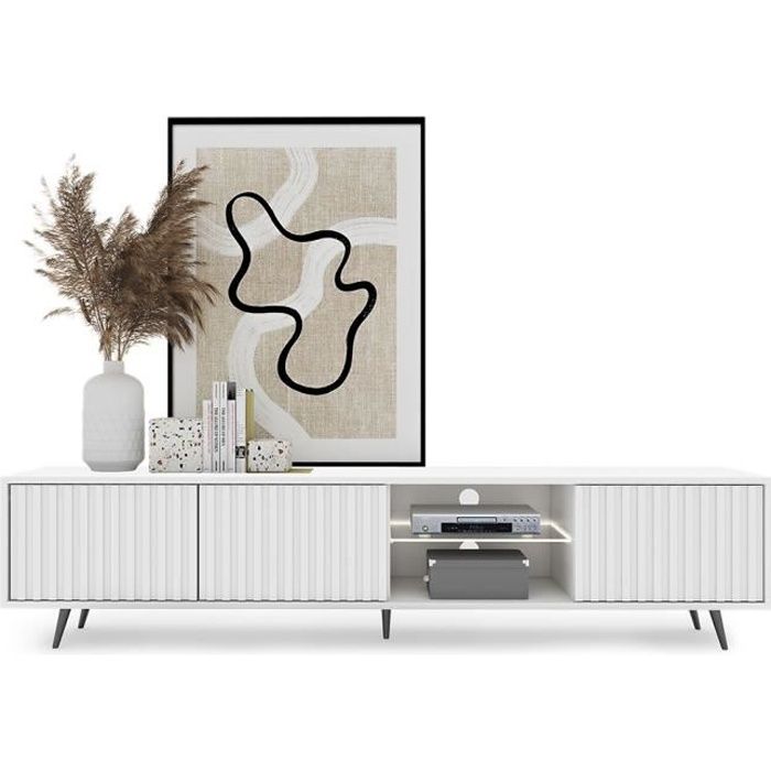 Meuble TV - BELLO - 175 cm blanc façades à lamelles et pieds noirs