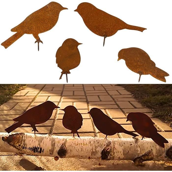 LOT DE 4 Silhouettes Piquet De Jardin Oiseau Métal Rouillé Pour