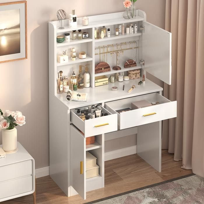 Coiffeuse Maquillage Avec Miroir LED - 3 Couleurs Luminosité Réglable, 2 Tiroirs, Blanc