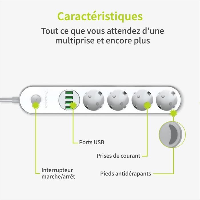 Mini Multiprise Multiprise 2500W + Usb - Multiprise 8 En 1, 4 Prises + 4 Ports Usb (3,4 ...