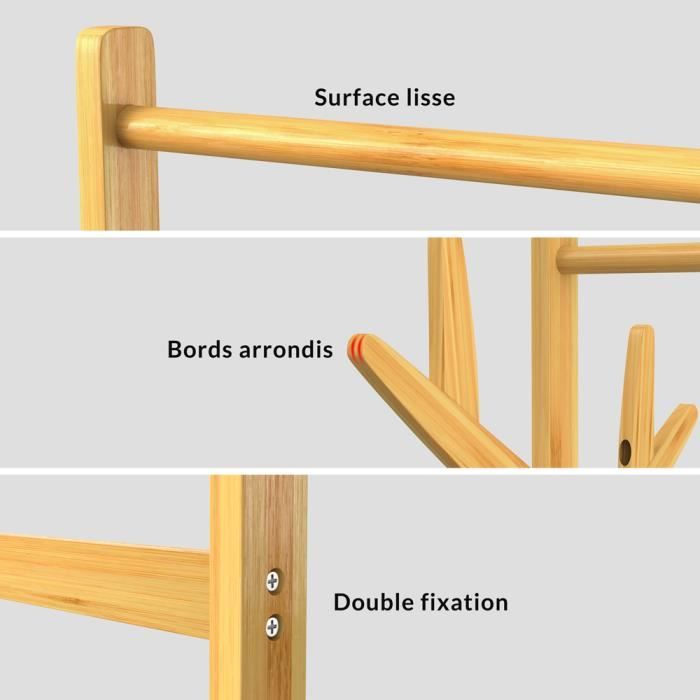 Five - Penderie Portant en Bambou 4 Étagères et 2 Crochets H 170 cm