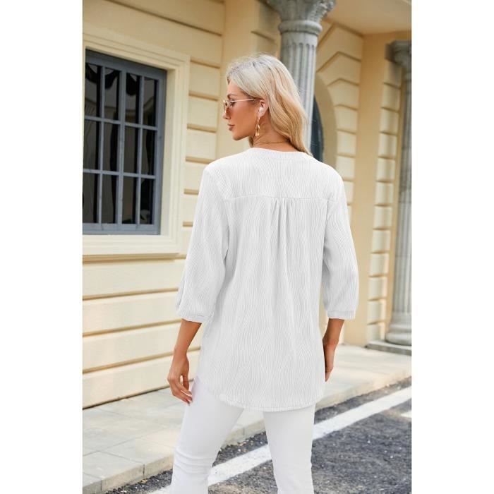 Fisoew T-Shirt Manches 3/4 Femme Grandes Tailles – Col V Boutonné Oversize, Confortable Et Tendance Pour Cache-Ventre & Look Décontracté