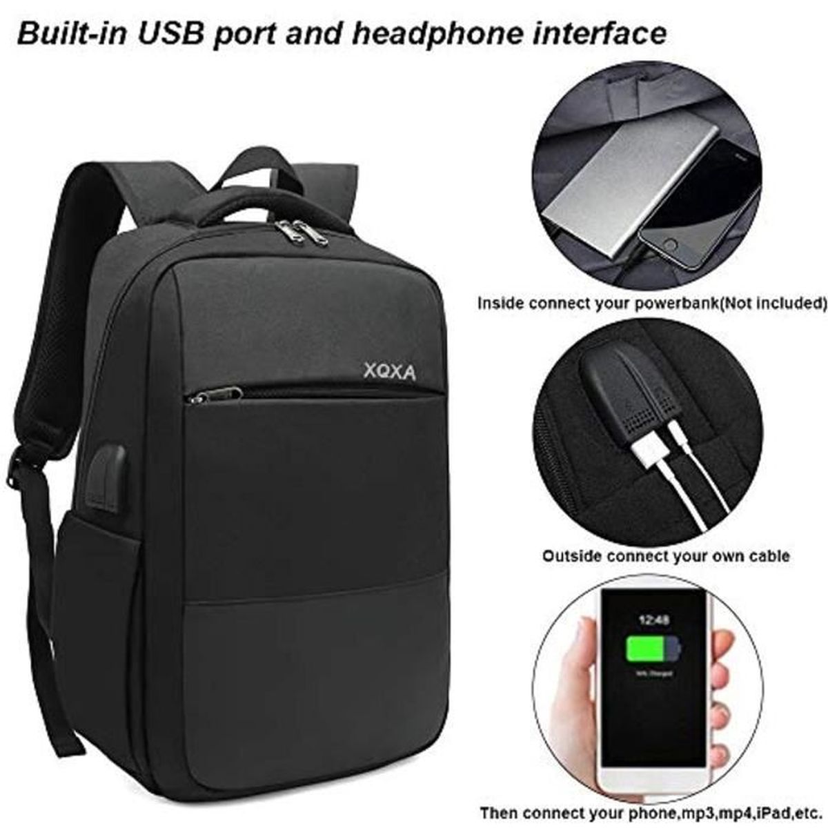 Noir XQXA Sac à Dos Ordinateur Portable avec USB Charging Port Sac à Dos Homme Antivol Imperméable Sac a Dos PC Portable 15,6 pour Voyage/Affaire/Collège 