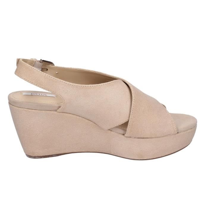 Sandales Femme GEOX Cuir Beige Talon Compens 9cm Boucle de