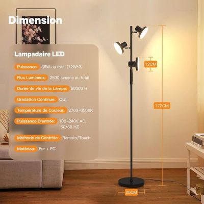 Lampadaire LED Avec Lampe De Lecture Réglable - 36W, Télécommande, 3 Températures De Couleur, Pour Salon Ou Bureau - 7