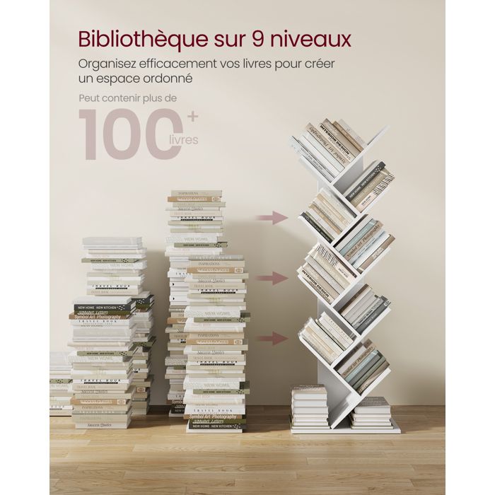 Bibliothèque Design Arbre Blanc - 9 Branches - 138x51x25 Cm - Fixation Murale Incluse