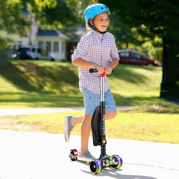 Garvee Trottinette Enfant 3 Roues Lumineuses – Hauteur Ajustable 65-84 Cm, Plateau Fibre De Verre, Frein Métal, Pour 3 à 12 Ans