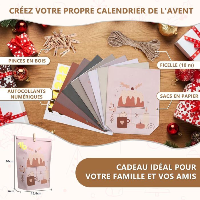Calendrier De L'Avent DIY à Remplir - 24 Pochettes En Papier Kraft + Autocollants + Corde
