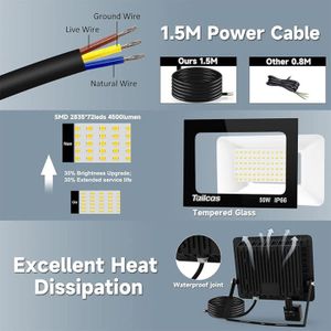 Projecteur Led D'Extérieur 50 W 5000 Lm Super Lumineux 6 000 K Blanc