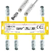 TronicXL Repartiteur d'antenne 4K 6 voies 3D HD compatible IEC Repartiteur TV SAT 6 voies F + cable + adaptateur coaxial pour