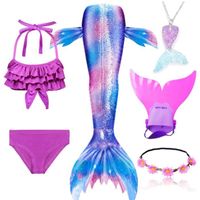 6PCS Ariel Deguisement Sirène Fille Queue de Sirène Enfant avec Monopalme Petite Sirene Fille Maillot de Bain