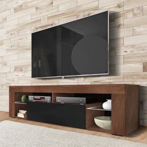 MEUBLE TV Meuble TV - SELSEY - BIANKO - 140 cm - chêne caravaggio / noir brillant - style moderne - tablettes en verre